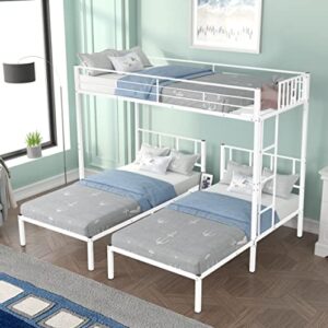 ufinego twin over twin & twin bunk bed, triple bunk bed metal bunk bed frame with guardrails, converted into three single twin bed, no box spring needed