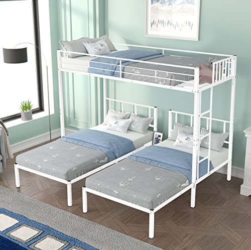 UFINEGO Twin Over Twin & Twin Bunk Bed, Triple Bunk Bed Metal Bunk Bed Frame with Guardrails, Converted into Three Single Twin Bed, No Box Spring Needed