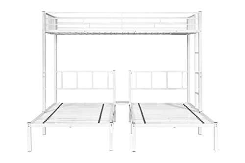 UFINEGO Twin Over Twin & Twin Bunk Bed, Triple Bunk Bed Metal Bunk Bed Frame with Guardrails, Converted into Three Single Twin Bed, No Box Spring Needed