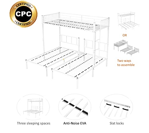 UFINEGO Twin Over Twin & Twin Bunk Bed, Triple Bunk Bed Metal Bunk Bed Frame with Guardrails, Converted into Three Single Twin Bed, No Box Spring Needed