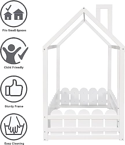 Harper & Bright Designs Twin Floor Bed for Kids, Wood Montessori Floor Bed Twin with Fence-Shaped Rails, Twin Size House Bed for Girls, Boys(Twin,White)
