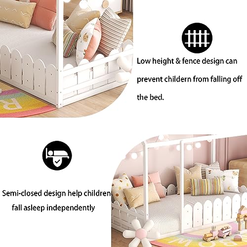 Harper & Bright Designs Twin Floor Bed for Kids, Wood Montessori Floor Bed Twin with Fence-Shaped Rails, Twin Size House Bed for Girls, Boys(Twin,White)