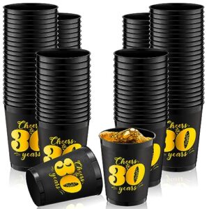 patelai 48 pcs birthday cups anniversary cups, 12 oz gold and black plastic cups for parties, gold and black plastic stadium cups for birthday decorations anniversary wedding party favors (30th)