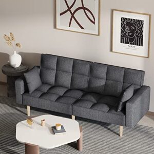 senfot sofa couch, 78”w sleeper sofa bed, linen futons with upholstered button tufted design, convertible futons with thickened wood leg for living room, bedroom and office in dark grey