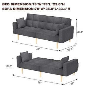 Senfot Sofa Couch, 78”W Sleeper Sofa Bed, Linen Futons with Upholstered Button Tufted Design, Convertible Futons with Thickened Wood Leg for Living Room, Bedroom and Office in Dark Grey