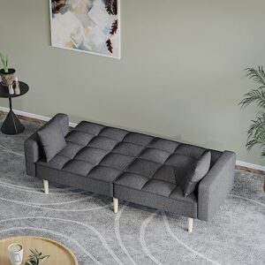 Senfot Sofa Couch, 78”W Sleeper Sofa Bed, Linen Futons with Upholstered Button Tufted Design, Convertible Futons with Thickened Wood Leg for Living Room, Bedroom and Office in Dark Grey