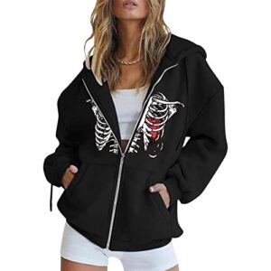 PETYCZEN Gothic Clothes for Women Fall Fashion 2023 Vintage Skeleton Long Sleeve Full Zip Up Hoodies Oversized Halloween Sweatshirt Fleece Jackets Cute Teen Girls Streetwear Y2K Tops G-Black Medium