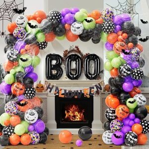 wecepar halloween balloon garland arch kit with halloween spider web boo foil balloons spider balloons black orange purple fruit green confetti balloons for halloween day party decorations backdrops