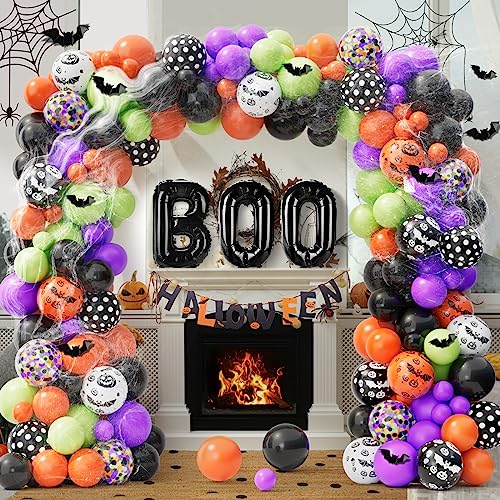 Wecepar Halloween Balloon Garland Arch kit with Halloween Spider Web Boo Foil Balloons Spider Balloons Black Orange Purple Fruit Green Confetti Balloons for Halloween Day Party Decorations Backdrops