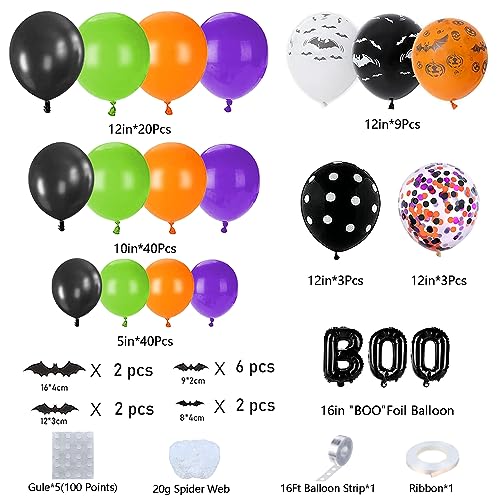 Wecepar Halloween Balloon Garland Arch kit with Halloween Spider Web Boo Foil Balloons Spider Balloons Black Orange Purple Fruit Green Confetti Balloons for Halloween Day Party Decorations Backdrops