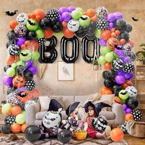 Wecepar Halloween Balloon Garland Arch kit with Halloween Spider Web Boo Foil Balloons Spider Balloons Black Orange Purple Fruit Green Confetti Balloons for Halloween Day Party Decorations Backdrops