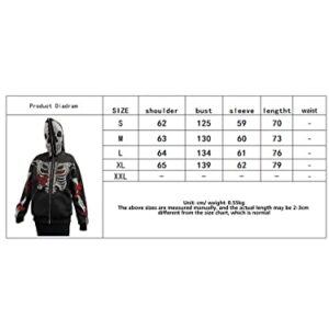 Nvzhuang Womens Y2k Zip Up Skeleton Graphic Hoodies Halloween Rhinestone Oversized Vintage Hoodie Goth Fall Jacket Streetwear (Black Blue, S)