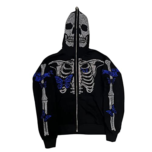 Nvzhuang Womens Y2k Zip Up Skeleton Graphic Hoodies Halloween Rhinestone Oversized Vintage Hoodie Goth Fall Jacket Streetwear (Black Blue, S)