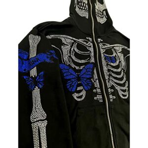 Nvzhuang Womens Y2k Zip Up Skeleton Graphic Hoodies Halloween Rhinestone Oversized Vintage Hoodie Goth Fall Jacket Streetwear (Black Blue, S)