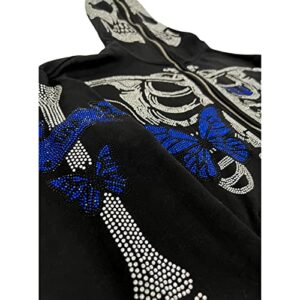 Nvzhuang Womens Y2k Zip Up Skeleton Graphic Hoodies Halloween Rhinestone Oversized Vintage Hoodie Goth Fall Jacket Streetwear (Black Blue, S)