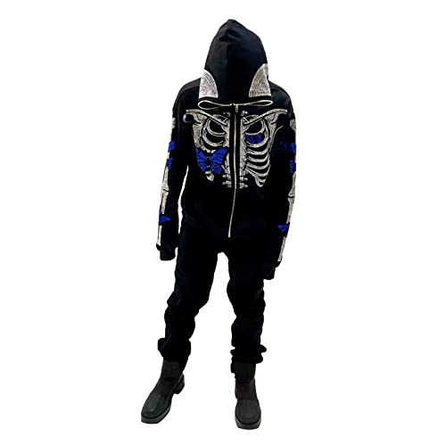 Nvzhuang Womens Y2k Zip Up Skeleton Graphic Hoodies Halloween Rhinestone Oversized Vintage Hoodie Goth Fall Jacket Streetwear (Black Blue, S)