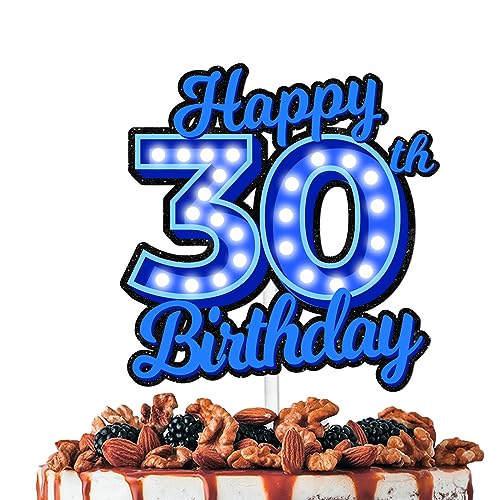 Blue Glitter Happy Birthday 30th Cake Topper Let’s Glow Crazy Party Theme Decoration Supplies Men Women Happy Birthday 30 Anniversary Party Decor Supplies