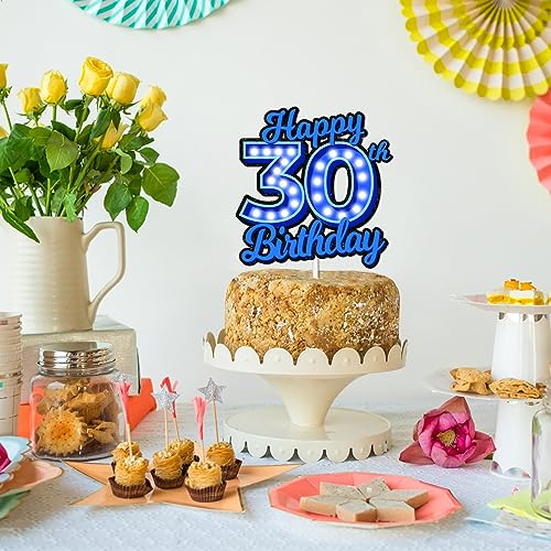 Blue Glitter Happy Birthday 30th Cake Topper Let’s Glow Crazy Party Theme Decoration Supplies Men Women Happy Birthday 30 Anniversary Party Decor Supplies