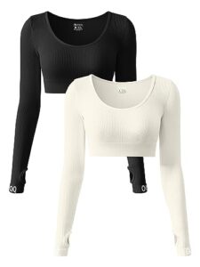 oqq women's 2 piece crop top workout long sleeve yoga exercise, black,beige, small