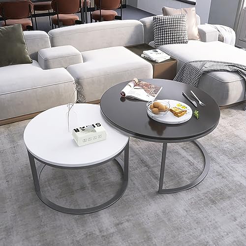 MASAKA B&W 27.5 Inch Round Wood Tables 2 Pack, Coffee Tables for Living Room Set of 2, Small Coffee Tables for Small Spaces, Center Table Modern Black with White