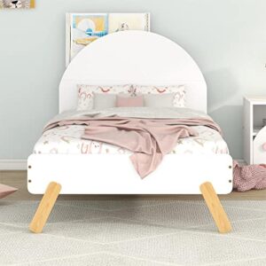 tensun twin size platform bed with curved headboard,wooden cute bed frame with slat supports and shelf behind headboard for kids boys girls, no box spring needed,white