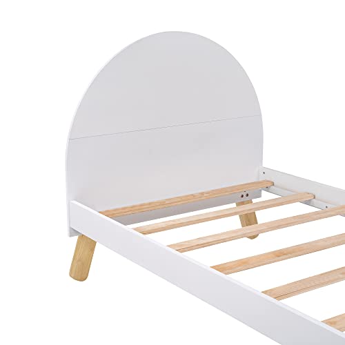 Tensun Twin Size Platform Bed with Curved Headboard,Wooden Cute Bed Frame with Slat Supports and Shelf Behind Headboard for Kids Boys Girls, No Box Spring Needed,White