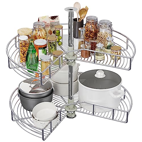 YITAHOME 28-Inch Kidney Shaped Chrome Pie Cut 2-Shelf Lazy Susan Corner Organizer for Kitchen Cabinet Blind Corner Storage with Telescoping Mount, Silver