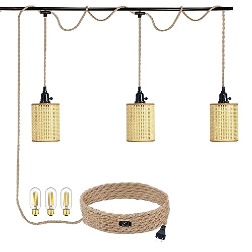 3 Light Plug in Pendant Lights Cord,Hanging Lamp Kit with Dimmable Switch 22 Ft Hemp Rope,Hanging Light with Plug in Cord,Rattan Woven Lampshade, Plug in Ceiling Light for Bedroom Living Room