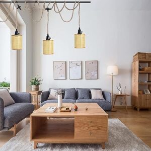 3 Light Plug in Pendant Lights Cord,Hanging Lamp Kit with Dimmable Switch 22 Ft Hemp Rope,Hanging Light with Plug in Cord,Rattan Woven Lampshade, Plug in Ceiling Light for Bedroom Living Room