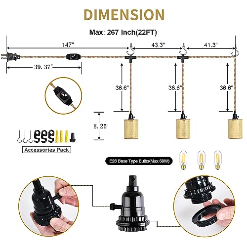 3 Light Plug in Pendant Lights Cord,Hanging Lamp Kit with Dimmable Switch 22 Ft Hemp Rope,Hanging Light with Plug in Cord,Rattan Woven Lampshade, Plug in Ceiling Light for Bedroom Living Room