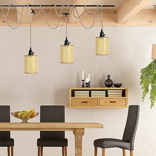 3 Light Plug in Pendant Lights Cord,Hanging Lamp Kit with Dimmable Switch 22 Ft Hemp Rope,Hanging Light with Plug in Cord,Rattan Woven Lampshade, Plug in Ceiling Light for Bedroom Living Room