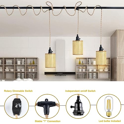 3 Light Plug in Pendant Lights Cord,Hanging Lamp Kit with Dimmable Switch 22 Ft Hemp Rope,Hanging Light with Plug in Cord,Rattan Woven Lampshade, Plug in Ceiling Light for Bedroom Living Room