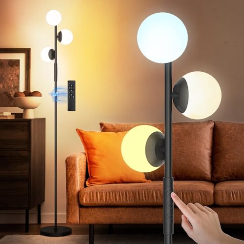 SIBRILLE LED Floor Lamp for Bedroom, 3 Globe Bright Standing Lamp with Remote Control, 4 Color Temperaure Dimmable Modern Bedroom lamp for Living Room Home Office, 24W, Black