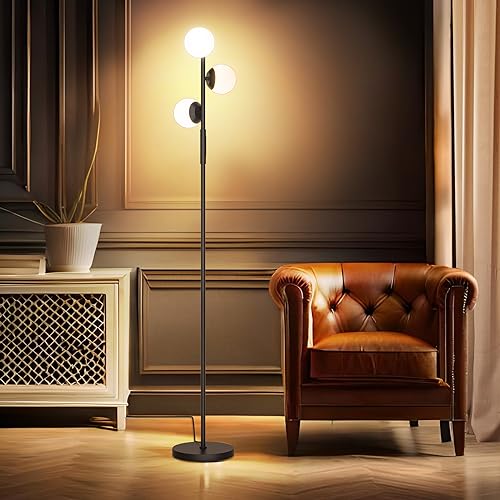 SIBRILLE LED Floor Lamp for Bedroom, 3 Globe Bright Standing Lamp with Remote Control, 4 Color Temperaure Dimmable Modern Bedroom lamp for Living Room Home Office, 24W, Black