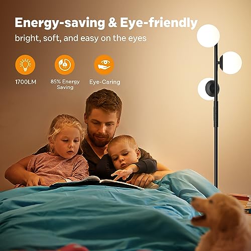 SIBRILLE LED Floor Lamp for Bedroom, 3 Globe Bright Standing Lamp with Remote Control, 4 Color Temperaure Dimmable Modern Bedroom lamp for Living Room Home Office, 24W, Black