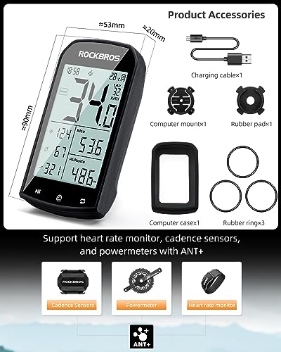 ROCKBROS Bike Computer Wireless Cycling Computers ANT+ Bluetooth Bicycle Computer Mini Speedometer Odometer Waterproof 2.9inch LCD Screen GPS/BDS/Galileo Position System