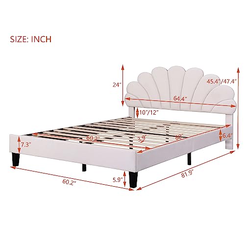 Livavege Queen Size Bed Frame with Headboard, Velvet Upholstered Platform Bed Modern Bedframe with Wood Slats Support Mattress Foundation for Kids, Teens, Adults, No Box Spring Needed, Cream White