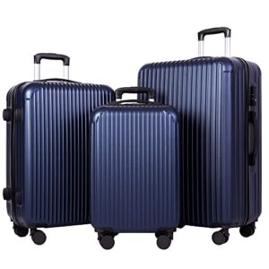 fujampe luggage sets 3 piece pc+abs lightweight hardside suitcase sets with double spinner wheels tsa lock hardshell luggage set, 3-piece set (20/24/28), navy blue