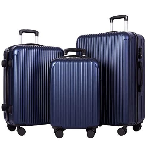 Fujampe Luggage Sets 3 Piece PC+ABS Lightweight Hardside Suitcase Sets with Double Spinner Wheels TSA Lock Hardshell Luggage Set, 3-Piece Set (20/24/28), Navy Blue