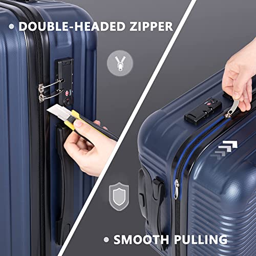 Fujampe Luggage Sets 3 Piece PC+ABS Lightweight Hardside Suitcase Sets with Double Spinner Wheels TSA Lock Hardshell Luggage Set, 3-Piece Set (20/24/28), Navy Blue