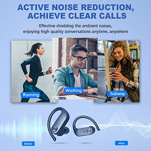 BEBEN Wireless Earbuds, 35H Playtime Bluetooth Headphones with Mics and Charging Case for iPhone Android, Waterproof Running Headphones for Gym Workout, Hi-Fi Sound Over Ear Buds with Earhooks-Blue