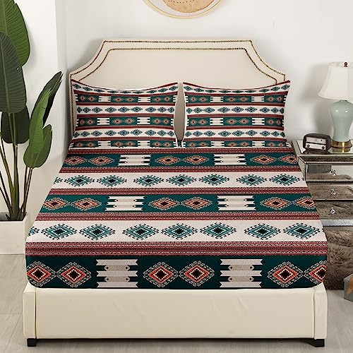 Western Decor Sheets King Size Southwestern Bed Sheet Set for Kids Boys Girls Cowboy Aztec Bed Sheets Women Men Teens Blue Brown Beige Native Indian Tribal Navajo Bedding Fitted Sheet Flat Sheets