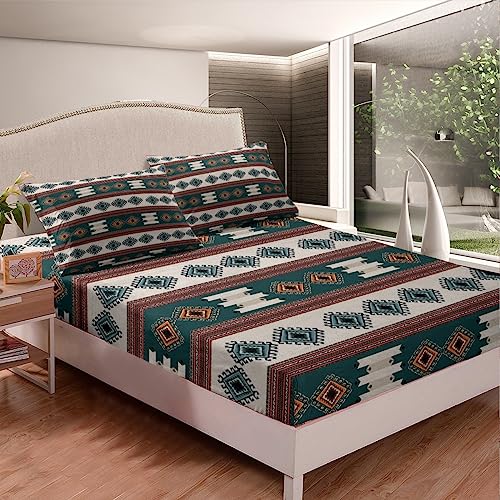 Western Decor Sheets King Size Southwestern Bed Sheet Set for Kids Boys Girls Cowboy Aztec Bed Sheets Women Men Teens Blue Brown Beige Native Indian Tribal Navajo Bedding Fitted Sheet Flat Sheets