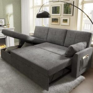 VanAcc Sofa Bed, Sleeper Sofa- 2 in 1 Pull Out Bed with Storage Chaise for Living Room, Sofa Sleeper with Pull Out Bed, Grey Chenille Couch