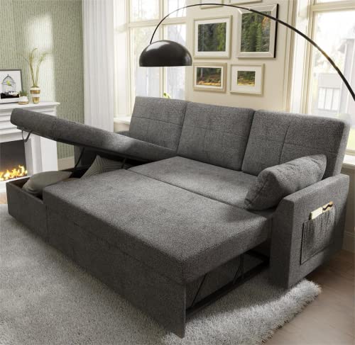 VanAcc Sofa Bed, Sleeper Sofa- 2 in 1 Pull Out Bed with Storage Chaise for Living Room, Sofa Sleeper with Pull Out Bed, Grey Chenille Couch