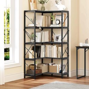 yitahome corner bookshelf, industrial corner shelf 5 tier bookcase, large display rack storage for bedroom, living room, home office,charcoal gray + black