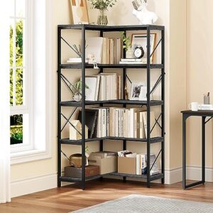 YITAHOME Corner Bookshelf, Industrial Corner Shelf 5 Tier Bookcase, Large Display Rack Storage for Bedroom, Living Room, Home Office,Charcoal Gray + Black