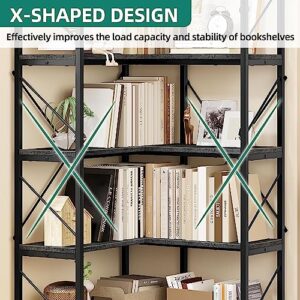 YITAHOME Corner Bookshelf, Industrial Corner Shelf 5 Tier Bookcase, Large Display Rack Storage for Bedroom, Living Room, Home Office,Charcoal Gray + Black