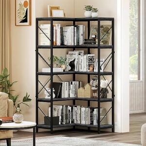 YITAHOME Corner Bookshelf, Industrial Corner Shelf 5 Tier Bookcase, Large Display Rack Storage for Bedroom, Living Room, Home Office,Charcoal Gray + Black