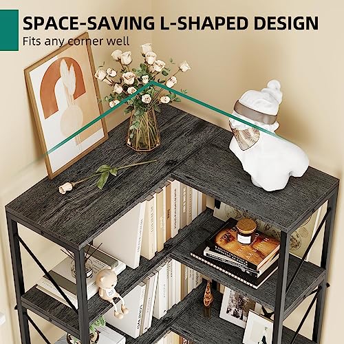 YITAHOME Corner Bookshelf, Industrial Corner Shelf 5 Tier Bookcase, Large Display Rack Storage for Bedroom, Living Room, Home Office,Charcoal Gray + Black